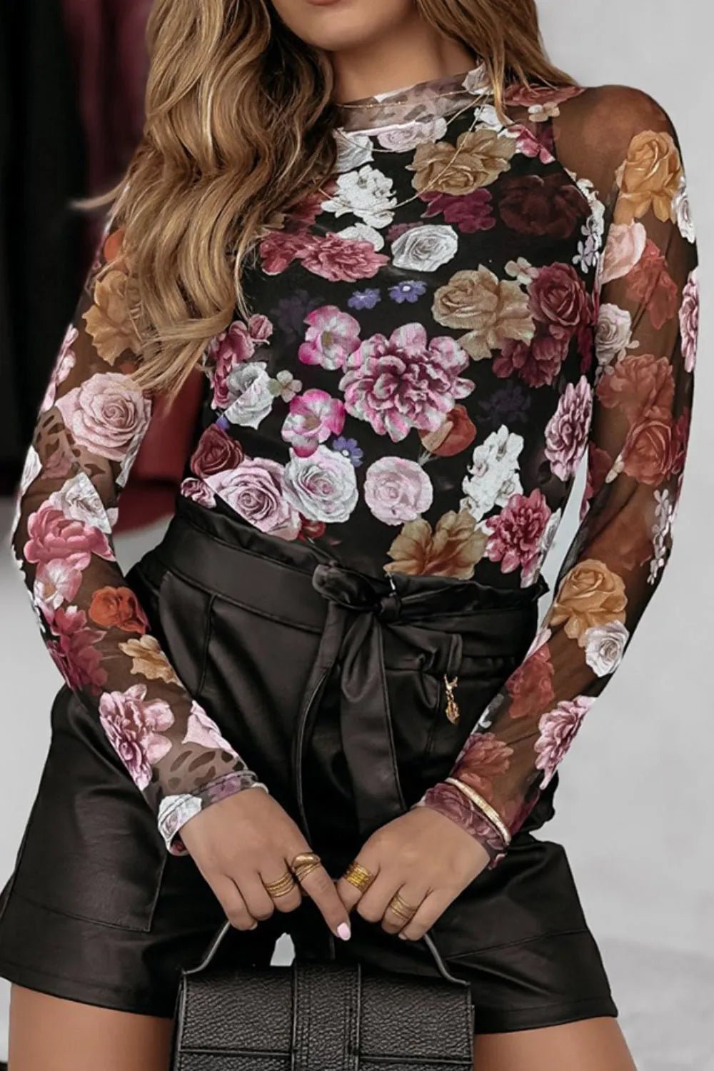 Floral Mock Neck Long Sleeve Mesh Top - Crowned Energy CO.