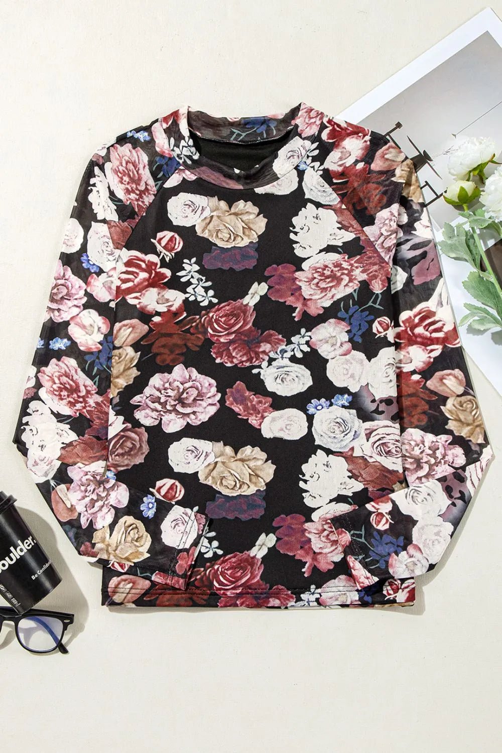 Floral Mock Neck Long Sleeve Mesh Top - Crowned Energy CO.