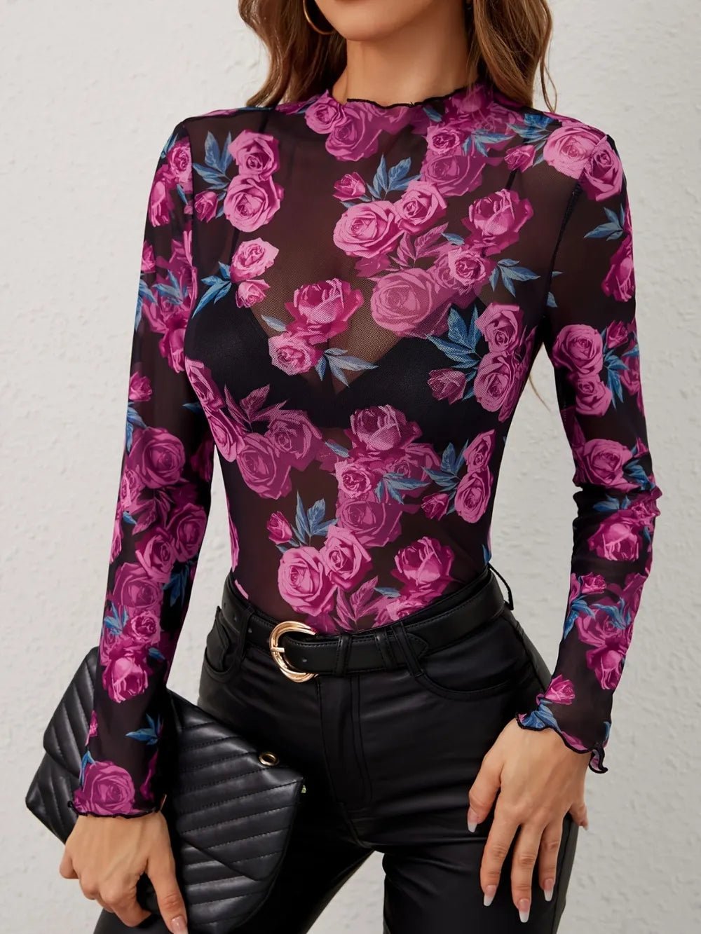 Floral Mock Neck Long Sleeve Top - Crowned Energy CO.