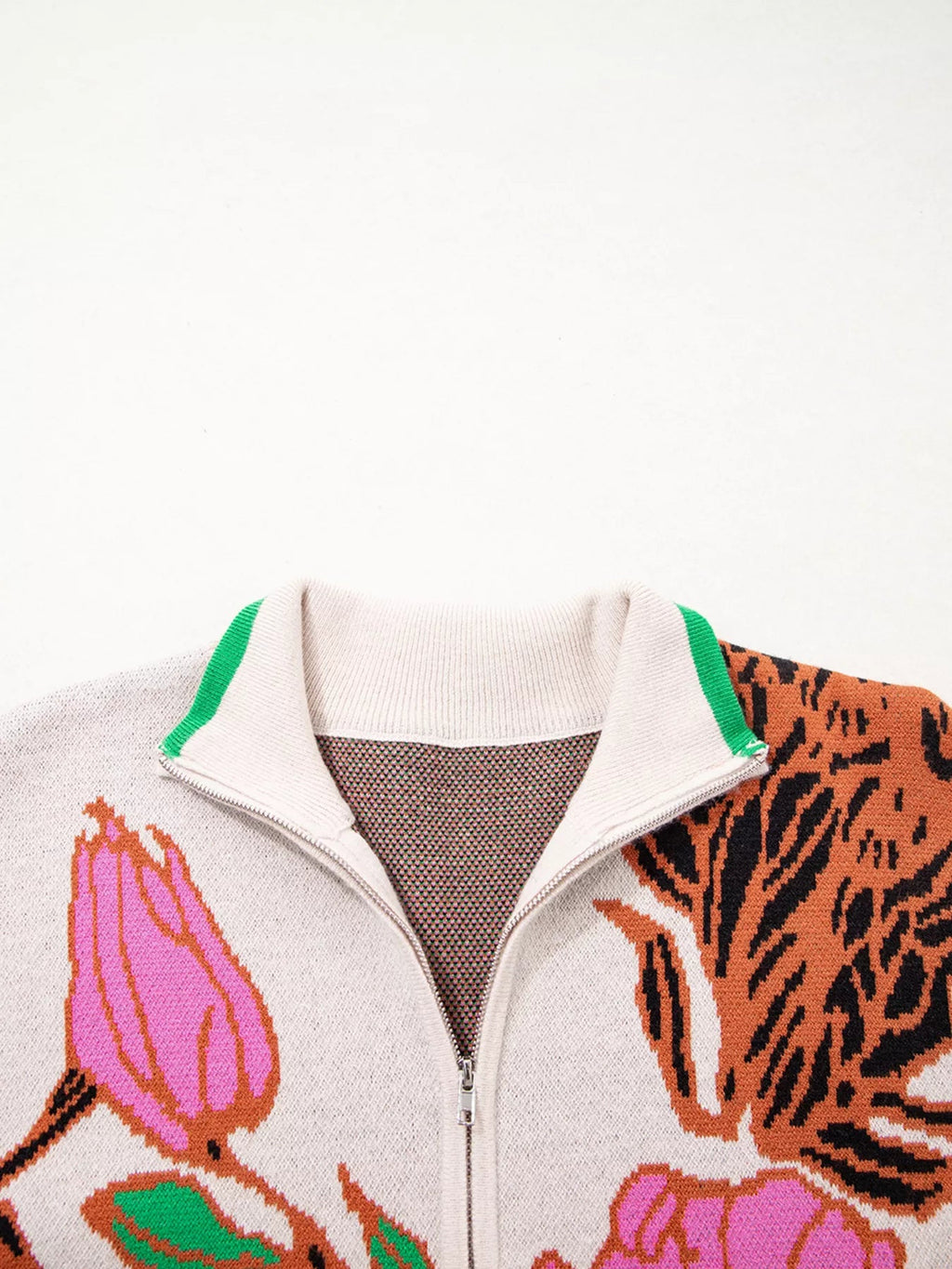 Floral Pattern Knit Quarter Zip Stand Neck Sweater - Crowned Energy CO.
