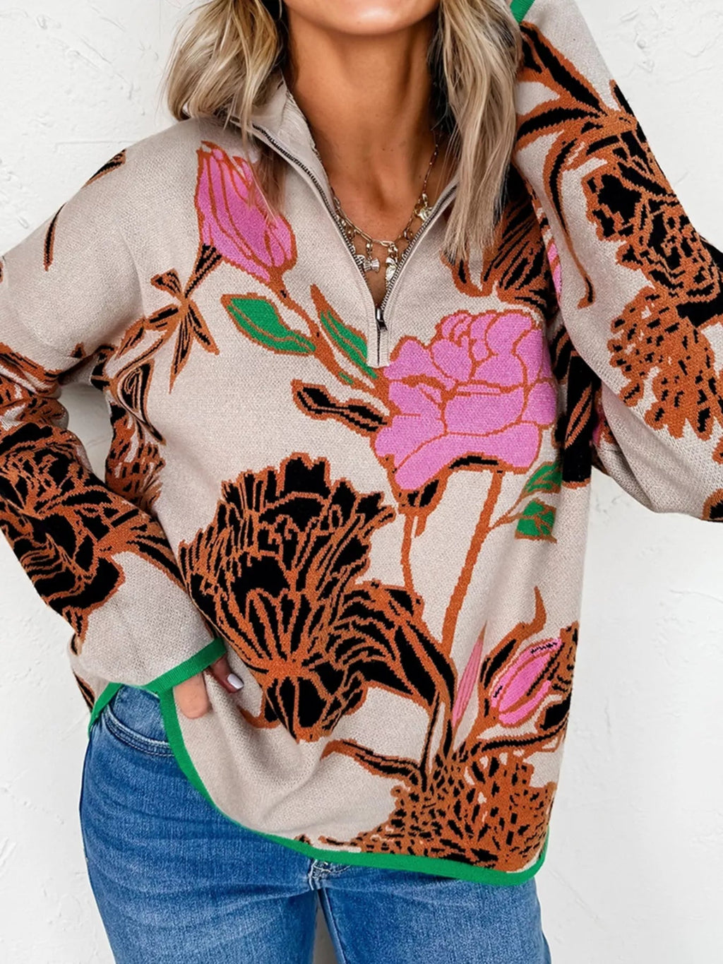 Floral Pattern Knit Quarter Zip Stand Neck Sweater - Crowned Energy CO.