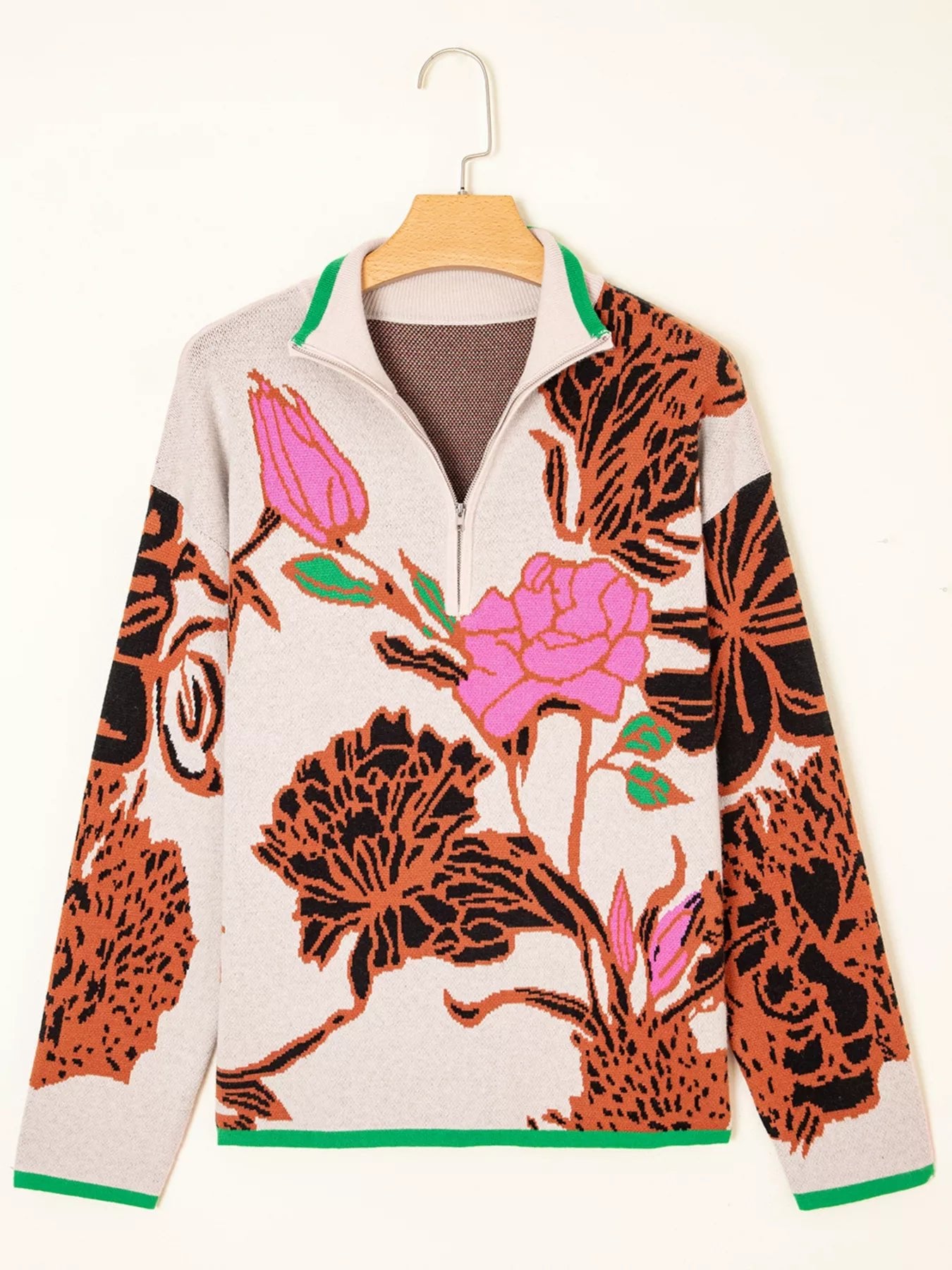 Floral Pattern Knit Quarter Zip Stand Neck Sweater - Crowned Energy CO.