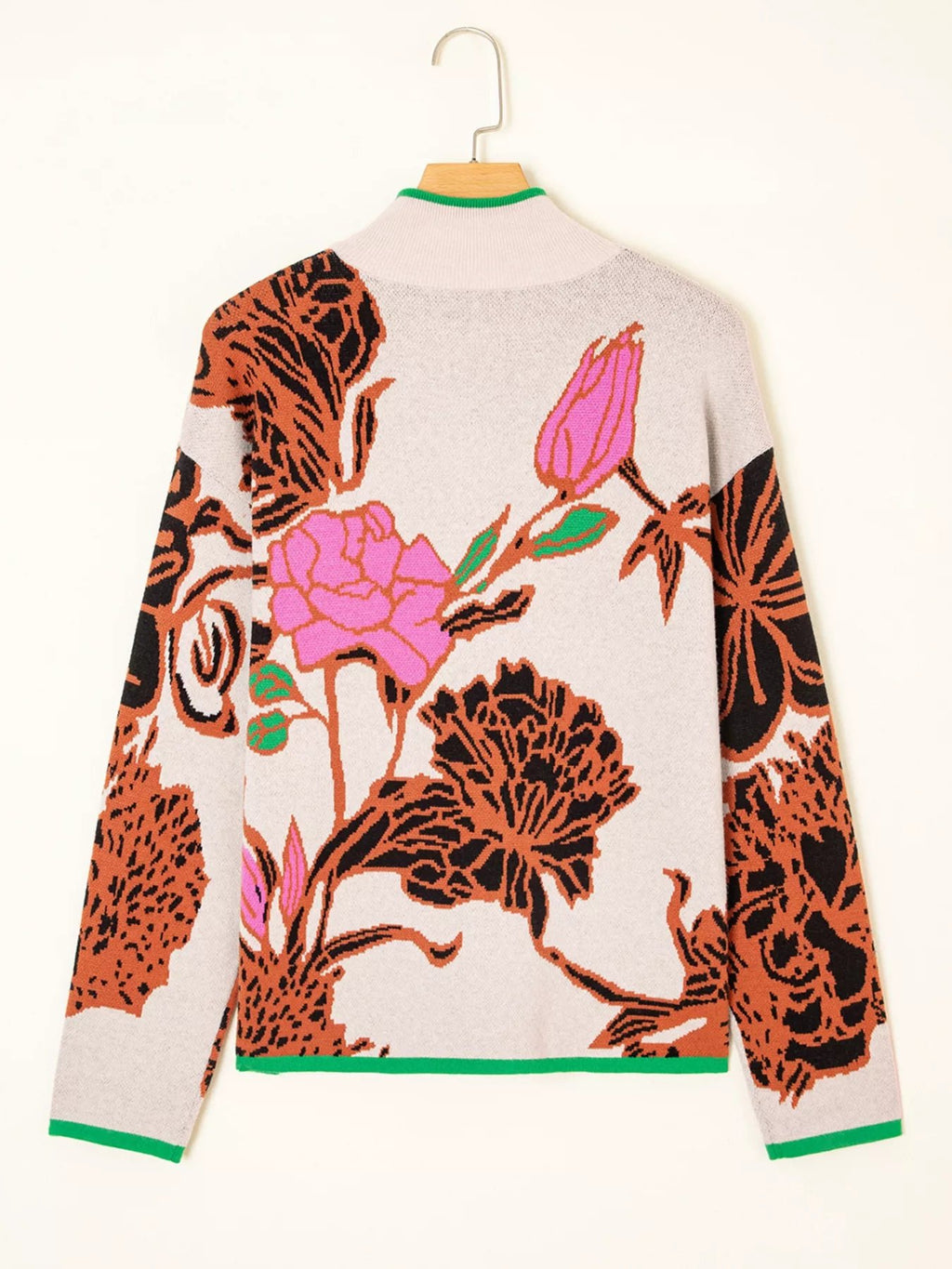 Floral Pattern Knit Quarter Zip Stand Neck Sweater - Crowned Energy CO.