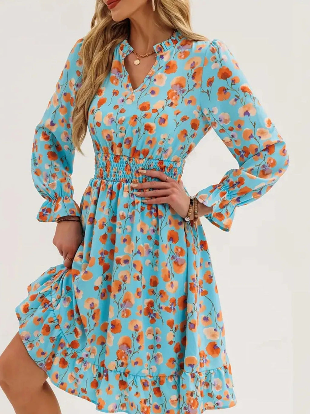 Floral Print Flounce Sleeve Ruffle Hem Dress - Crowned Energy CO.