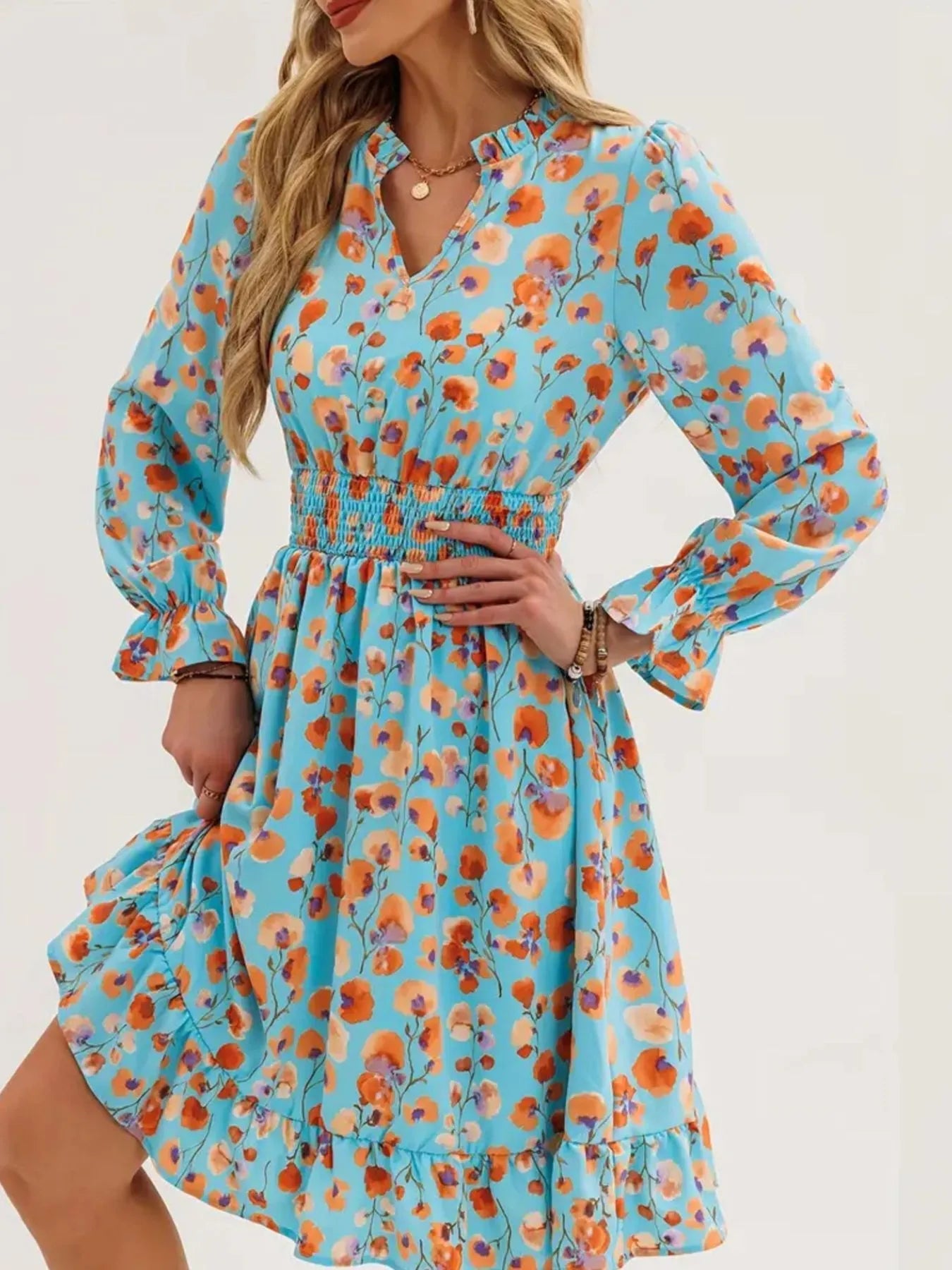 Floral Print Flounce Sleeve Ruffle Hem Dress - Crowned Energy CO.