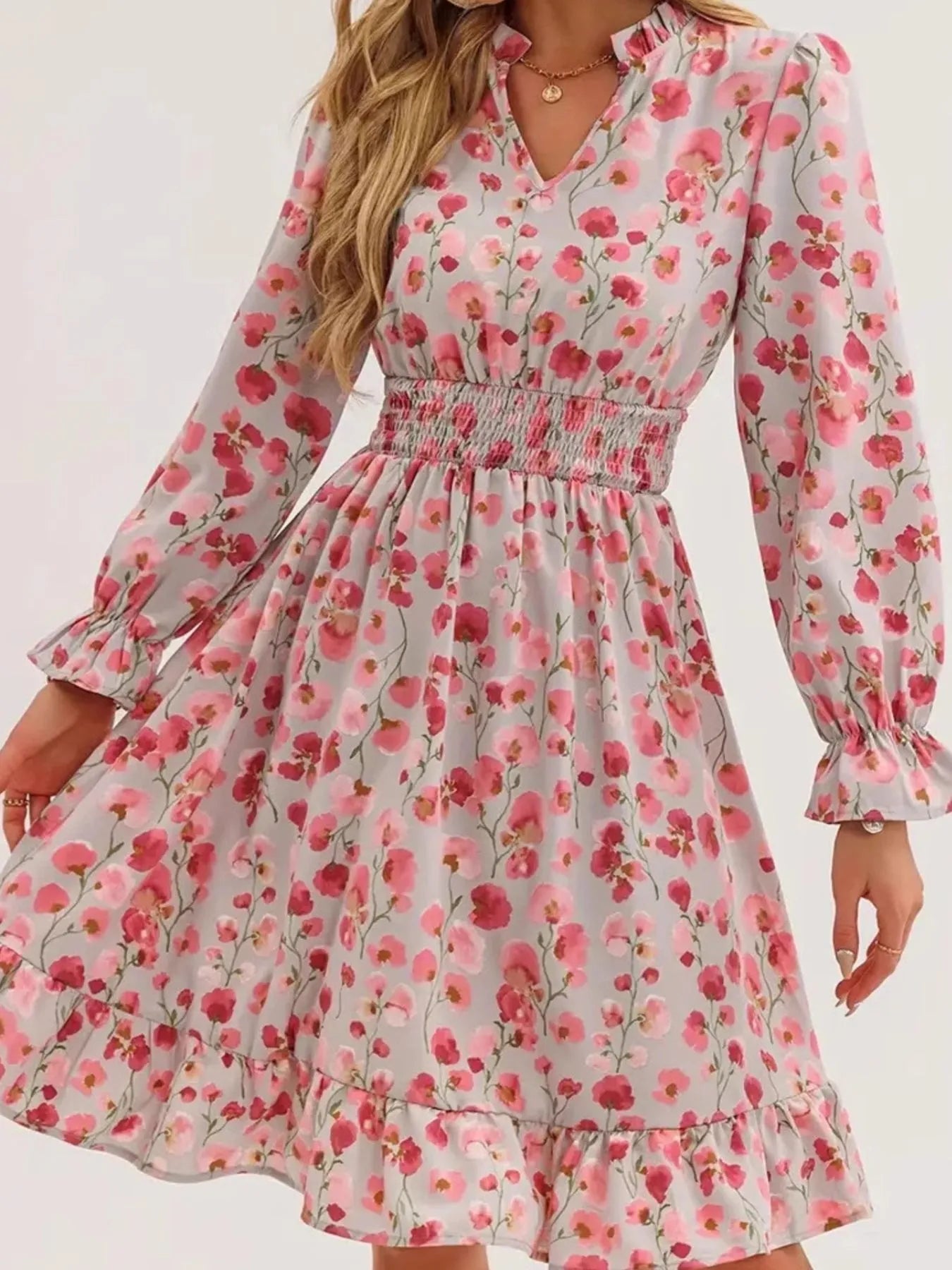 Floral Print Flounce Sleeve Ruffle Hem Dress - Crowned Energy CO.