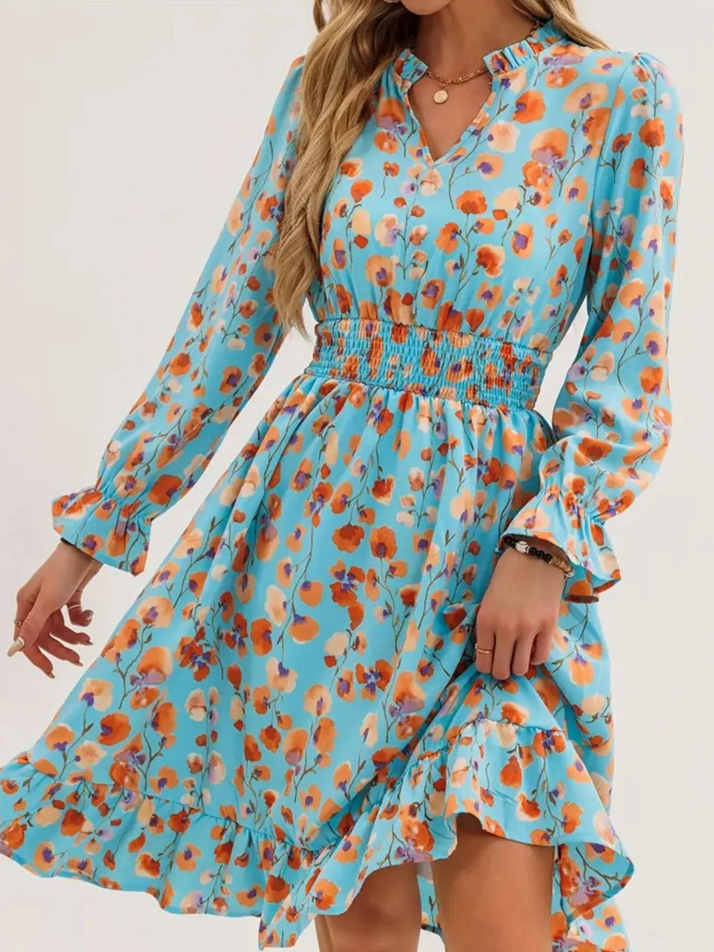 Floral Print Flounce Sleeve Ruffle Hem Dress - Crowned Energy CO.