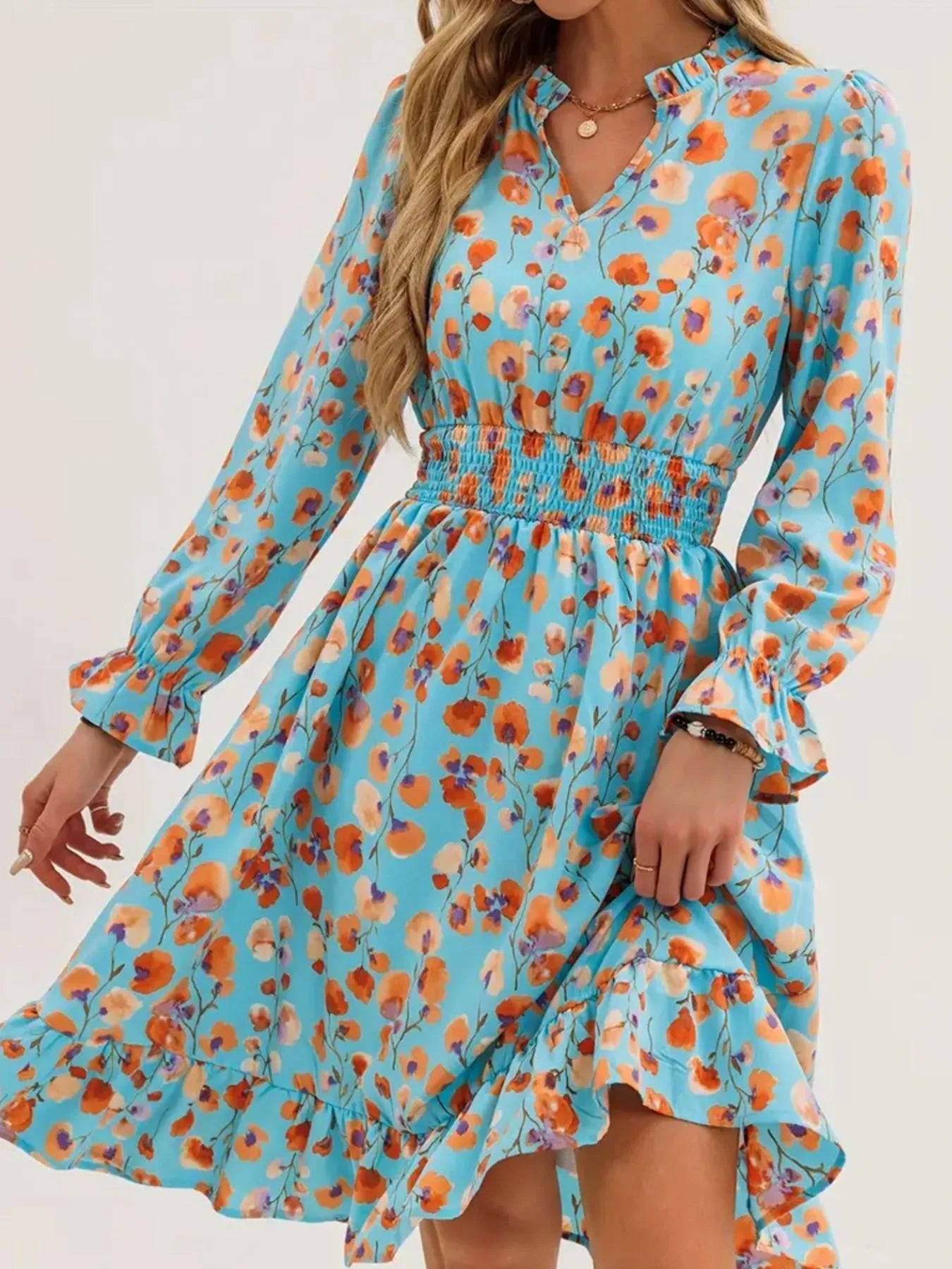 Floral Print Flounce Sleeve Ruffle Hem Dress - Crowned Energy CO.