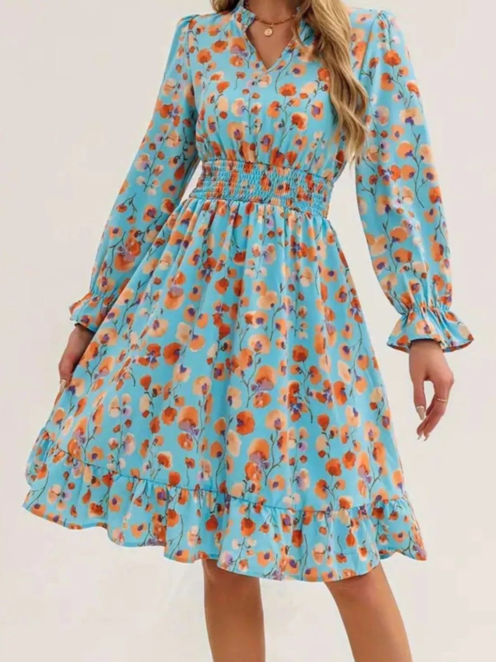 Floral Print Flounce Sleeve Ruffle Hem Dress - Crowned Energy CO.