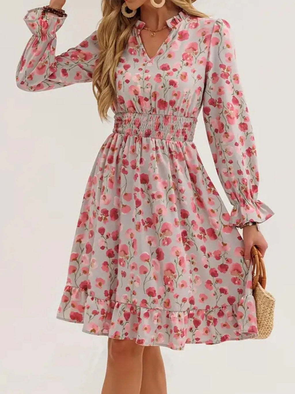 Floral Print Flounce Sleeve Ruffle Hem Dress - Crowned Energy CO.