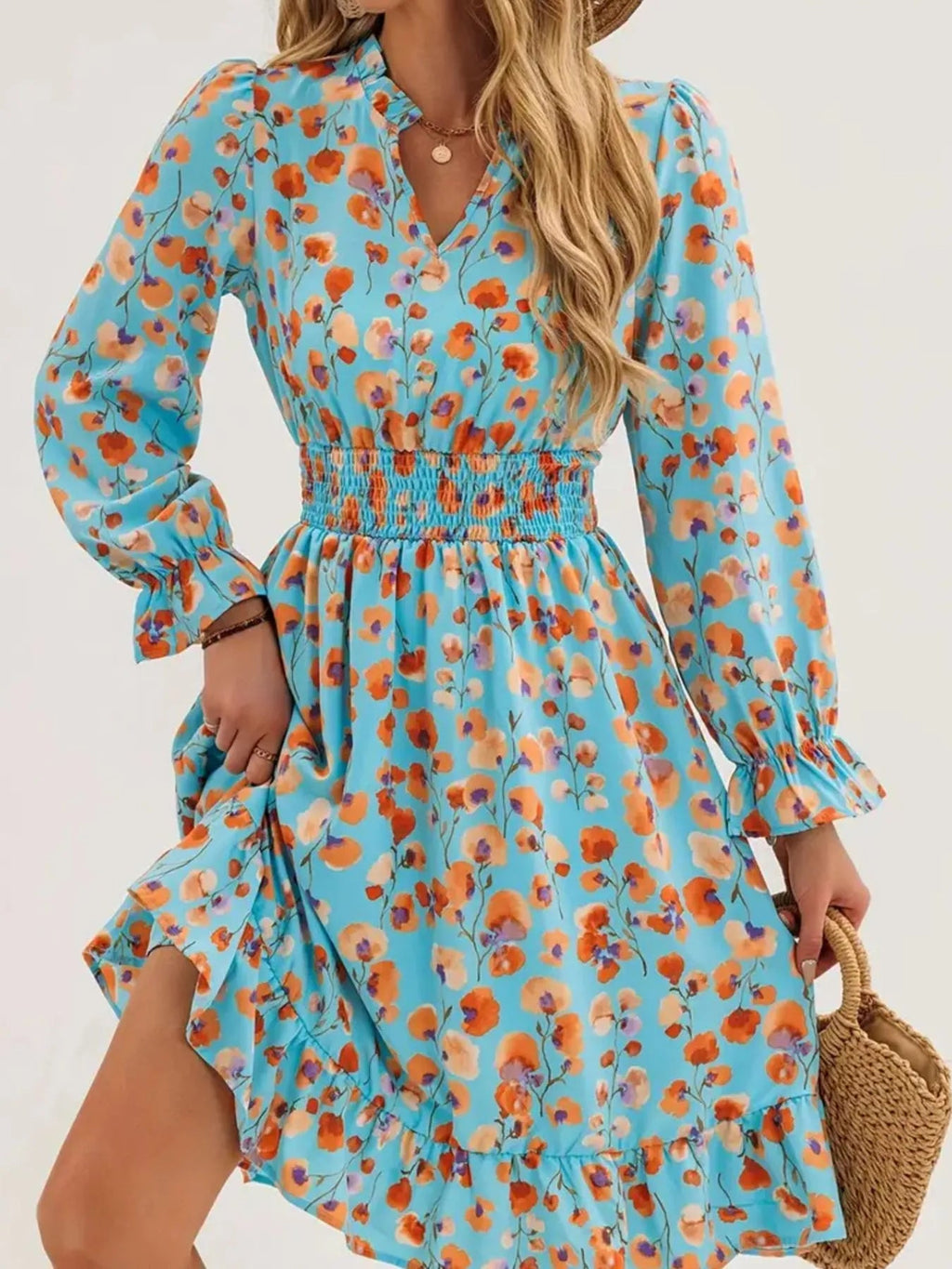 Floral Print Flounce Sleeve Ruffle Hem Dress - Crowned Energy CO.