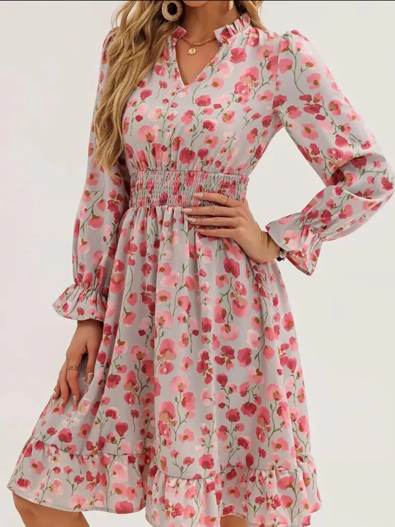 Floral Print Flounce Sleeve Ruffle Hem Dress - Crowned Energy CO.