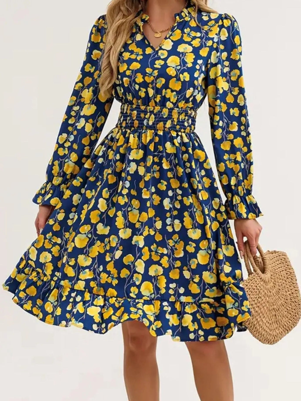 Floral Print Flounce Sleeve Ruffle Hem Dress - Crowned Energy CO.