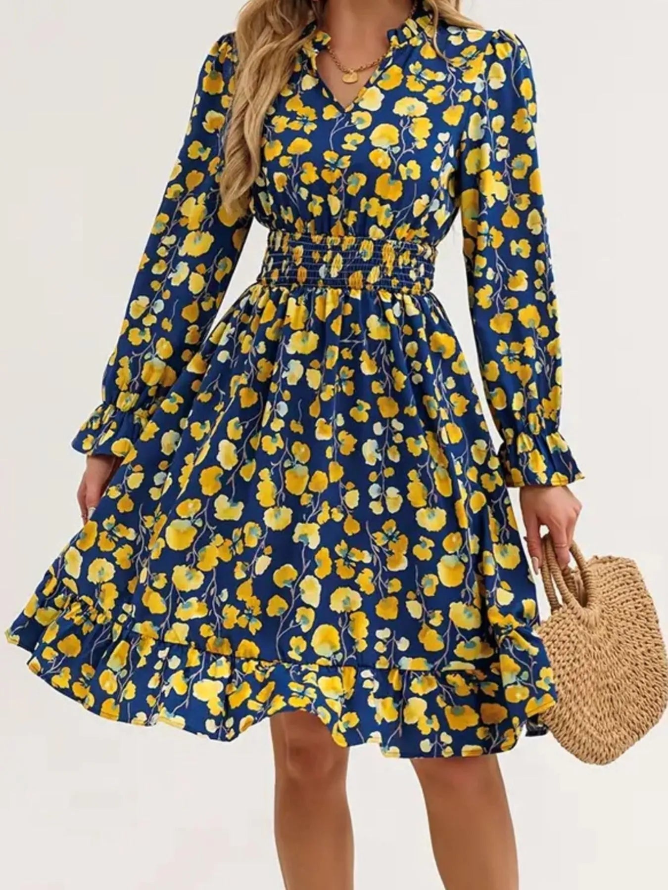 Floral Print Flounce Sleeve Ruffle Hem Dress - Crowned Energy CO.