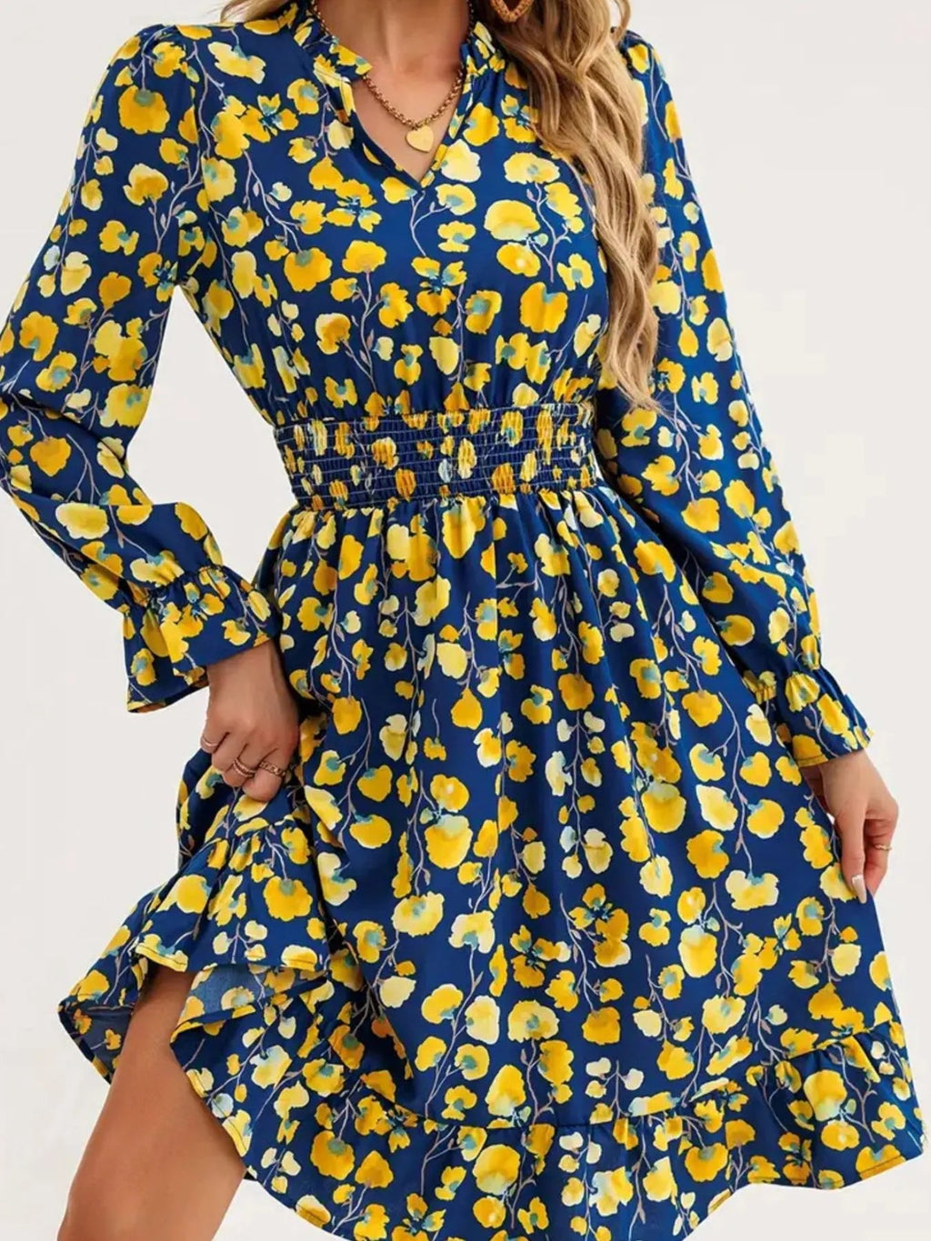 Floral Print Flounce Sleeve Ruffle Hem Dress - Crowned Energy CO.