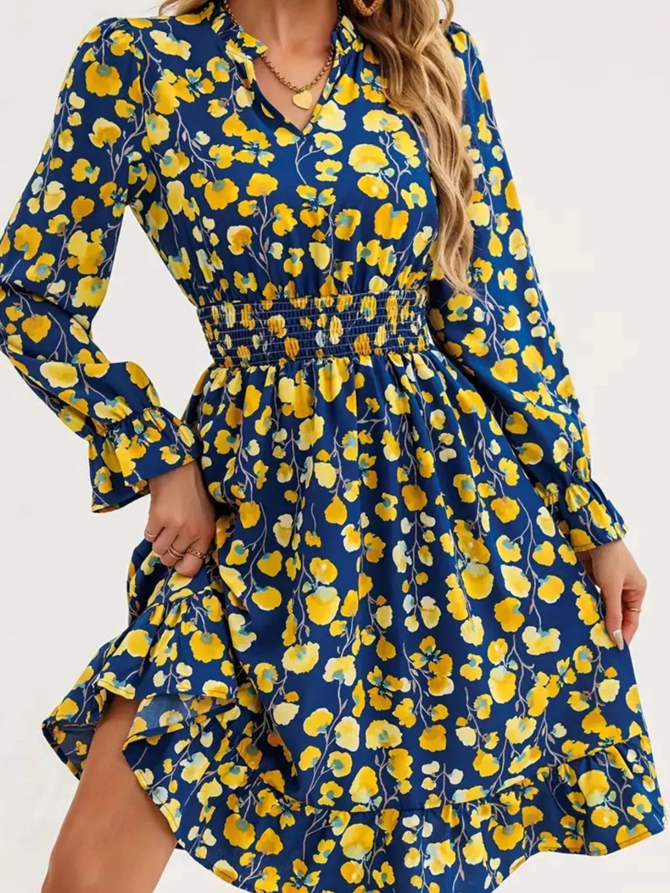 Floral Print Flounce Sleeve Ruffle Hem Dress - Crowned Energy CO.
