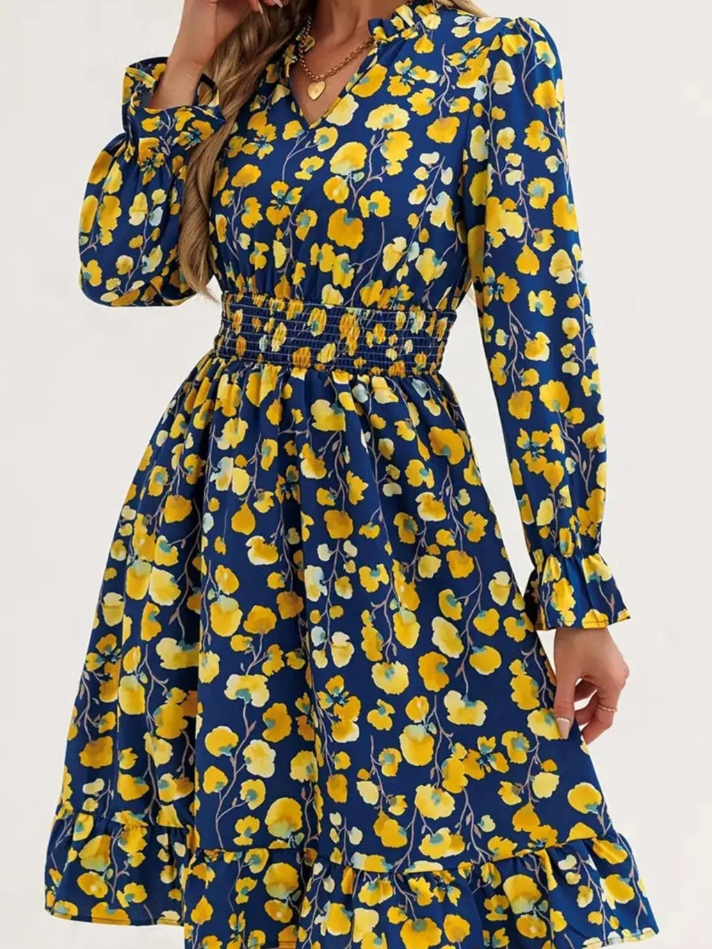 Floral Print Flounce Sleeve Ruffle Hem Dress - Crowned Energy CO.