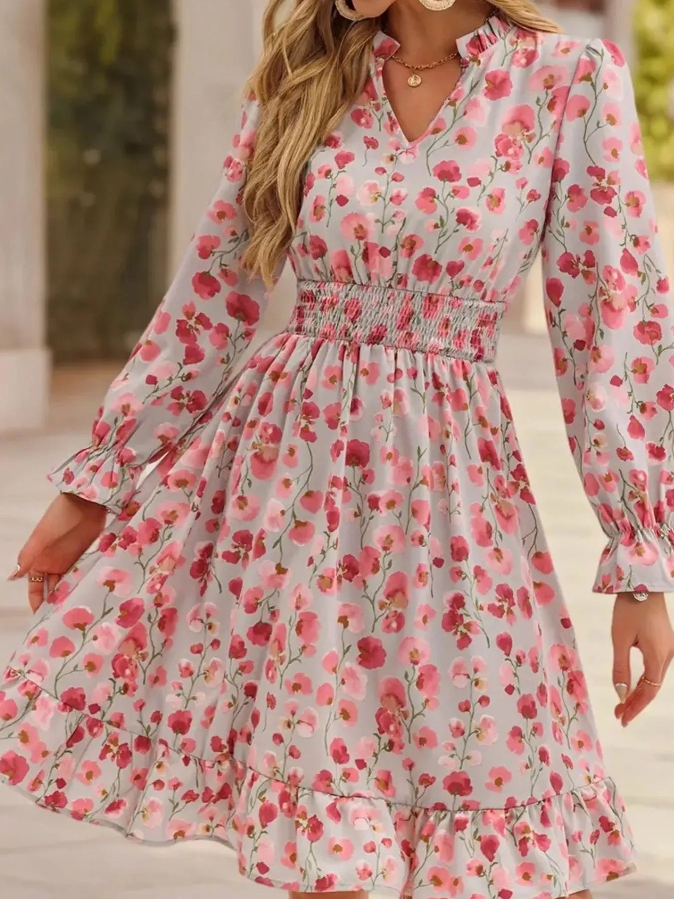 Floral Print Flounce Sleeve Ruffle Hem Dress - Crowned Energy CO.