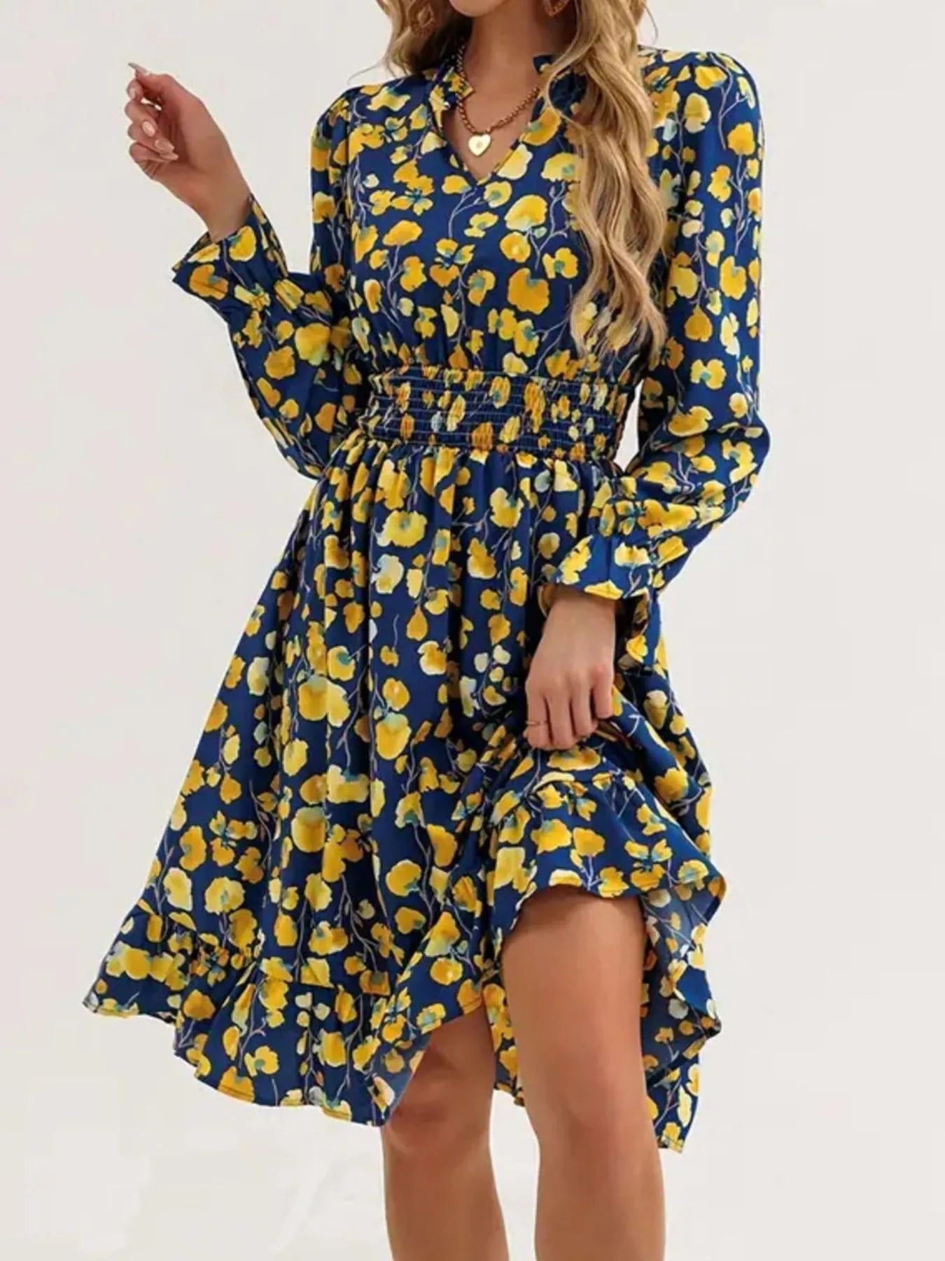 Floral Print Flounce Sleeve Ruffle Hem Dress - Crowned Energy CO.