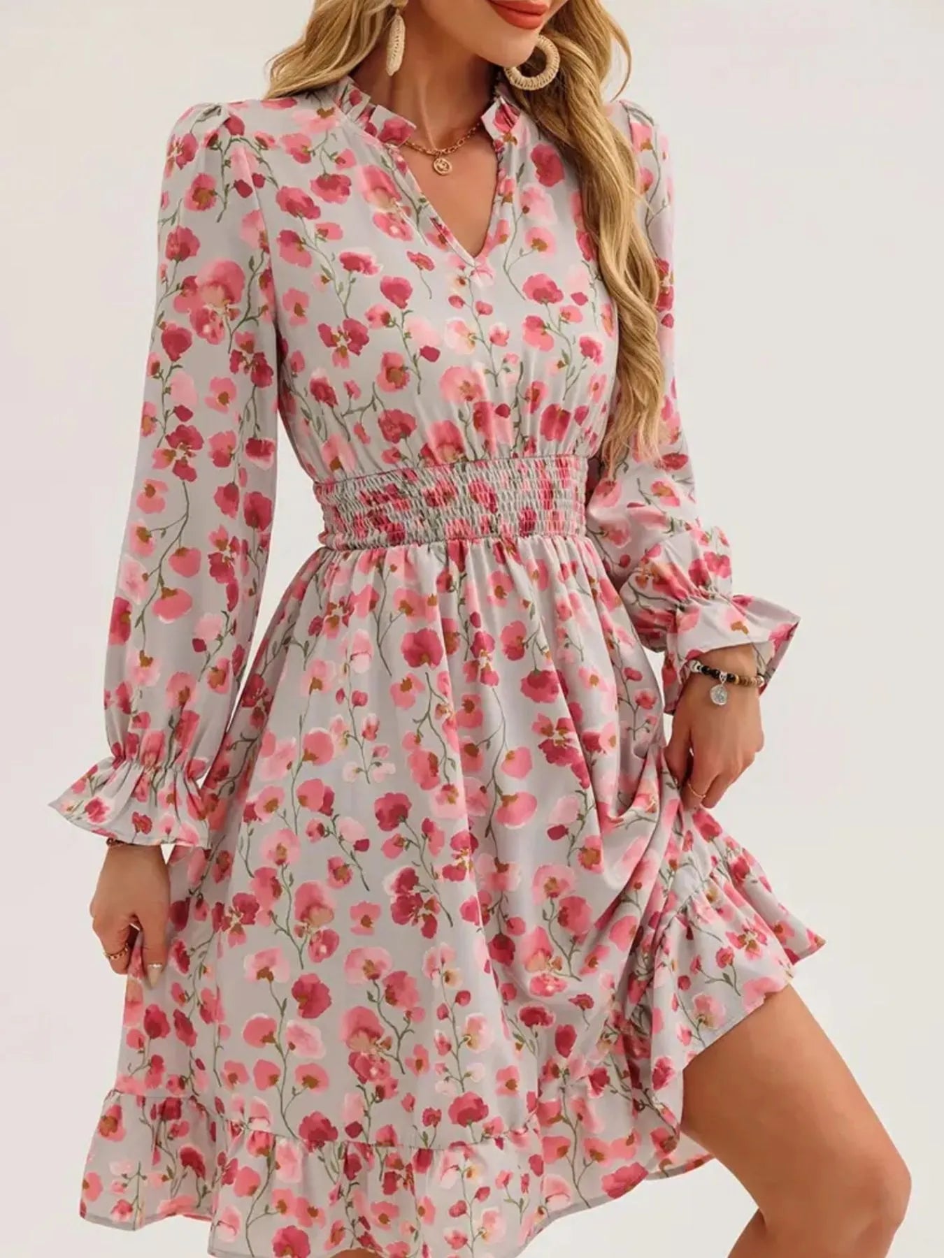 Floral Print Flounce Sleeve Ruffle Hem Dress - Crowned Energy CO.