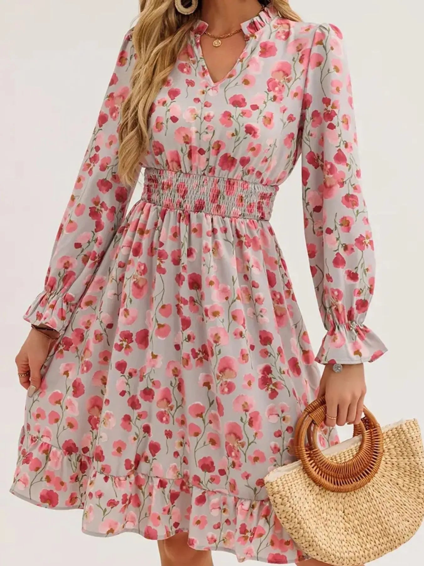 Floral Print Flounce Sleeve Ruffle Hem Dress - Crowned Energy CO.