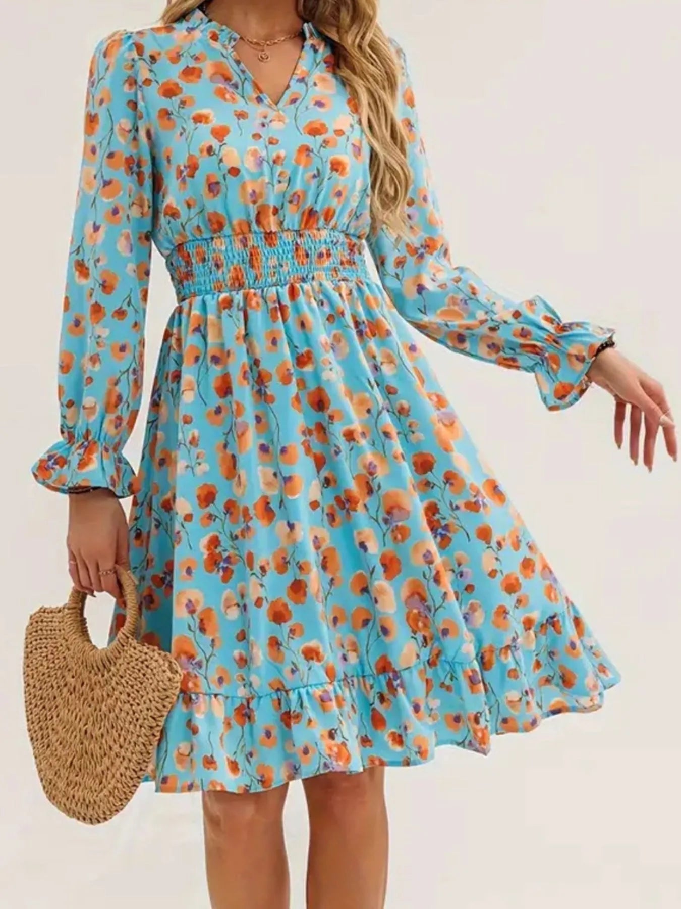 Floral Print Flounce Sleeve Ruffle Hem Dress - Crowned Energy CO.