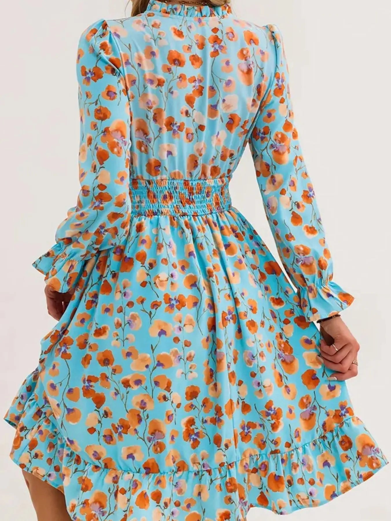 Floral Print Flounce Sleeve Ruffle Hem Dress - Crowned Energy CO.