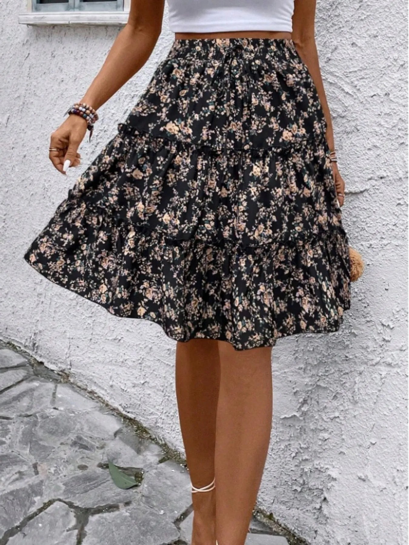 Floral Print Midi Skirt - Crowned Energy CO.