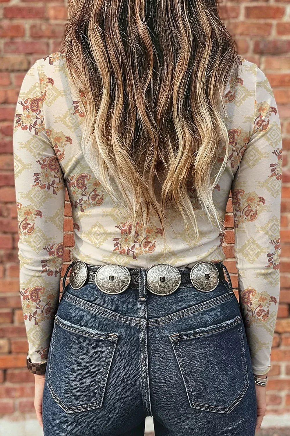Floral Print Mock Neck Long Sleeve Top - Crowned Energy CO.