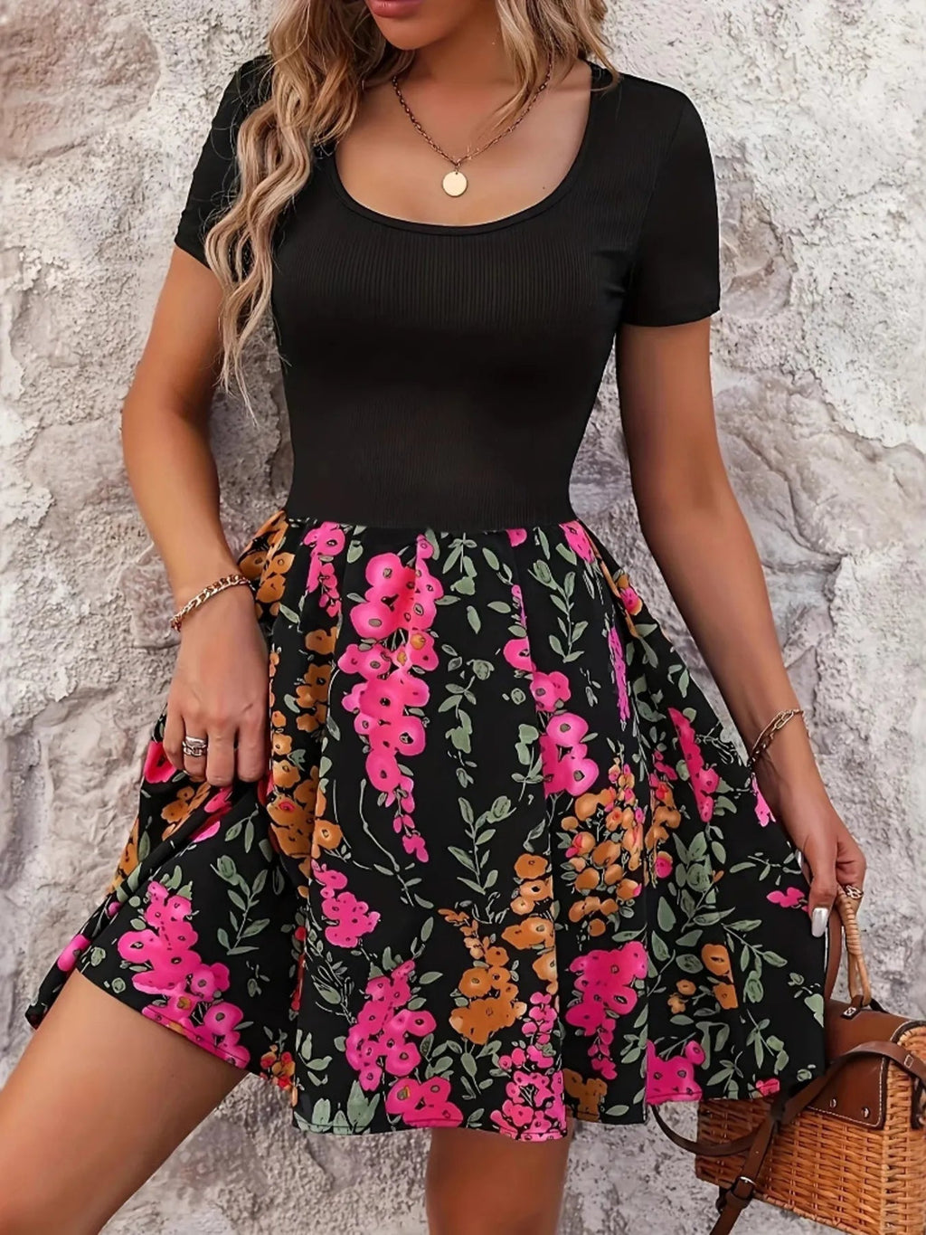 Crowned Energy CO. Hot Pink / S Trendsi Dresses/Mini Dresses Floral Print Short Sleeve Mini Dress