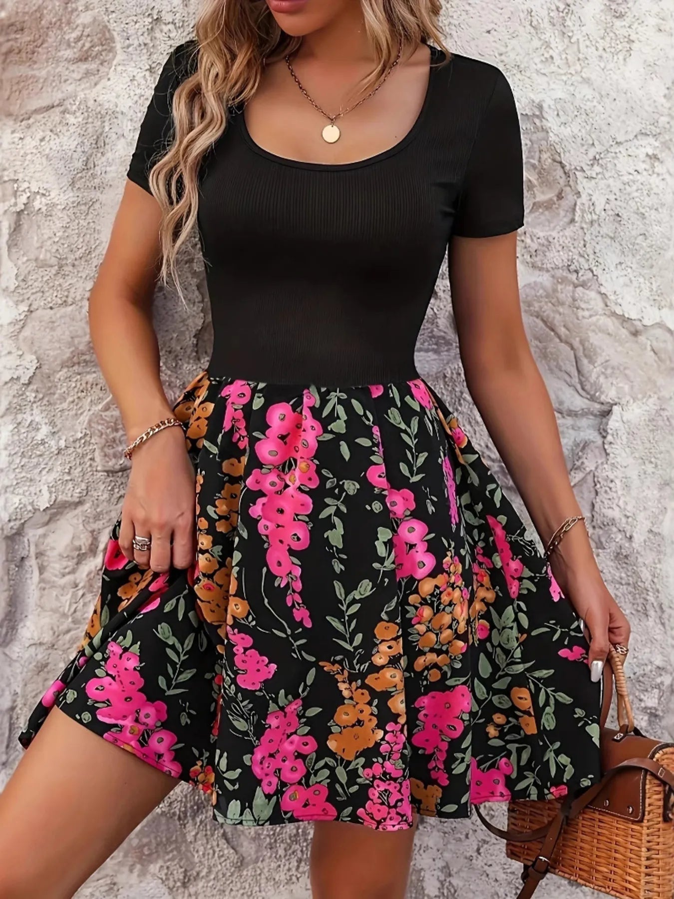 Crowned Energy CO. Hot Pink / S Trendsi Dresses/Mini Dresses Floral Print Short Sleeve Mini Dress