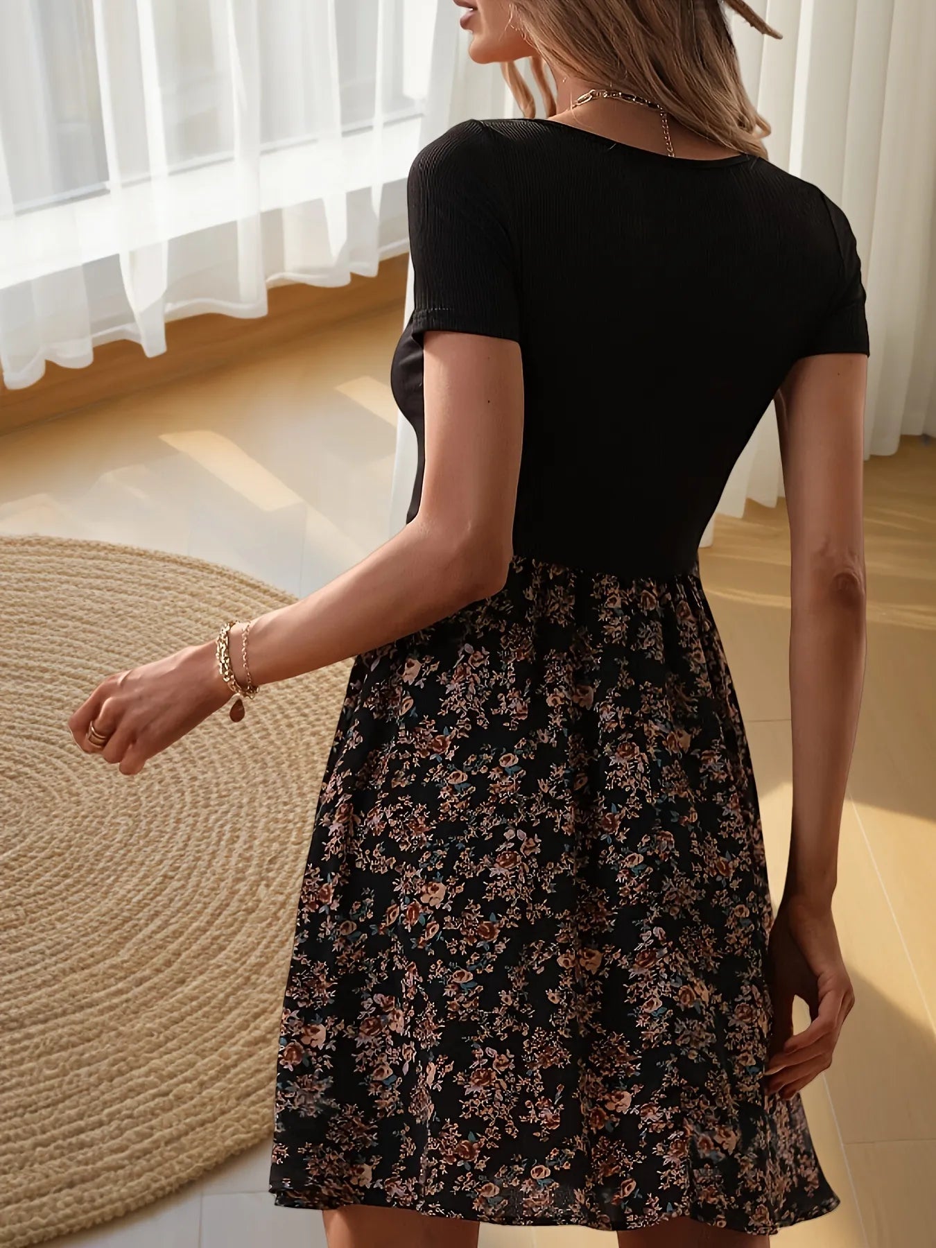 Crowned Energy CO. Hot Pink / S Trendsi Dresses/Mini Dresses Floral Print Short Sleeve Mini Dress