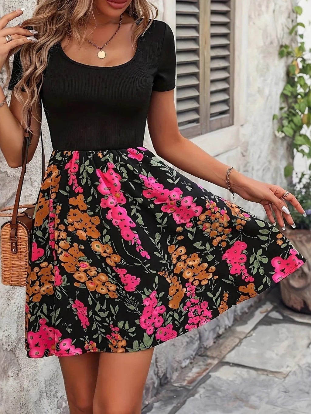 Crowned Energy CO. Hot Pink / S Trendsi Dresses/Mini Dresses Floral Print Short Sleeve Mini Dress