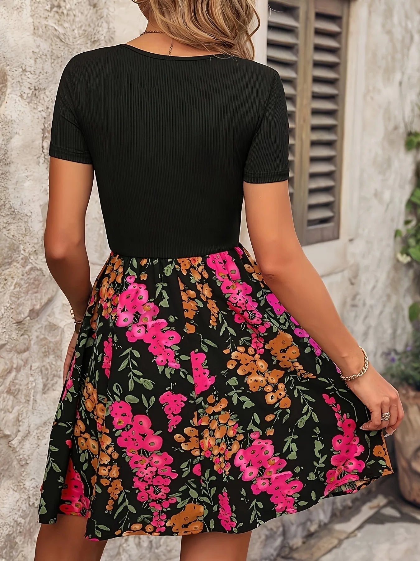 Crowned Energy CO. Hot Pink / S Trendsi Dresses/Mini Dresses Floral Print Short Sleeve Mini Dress