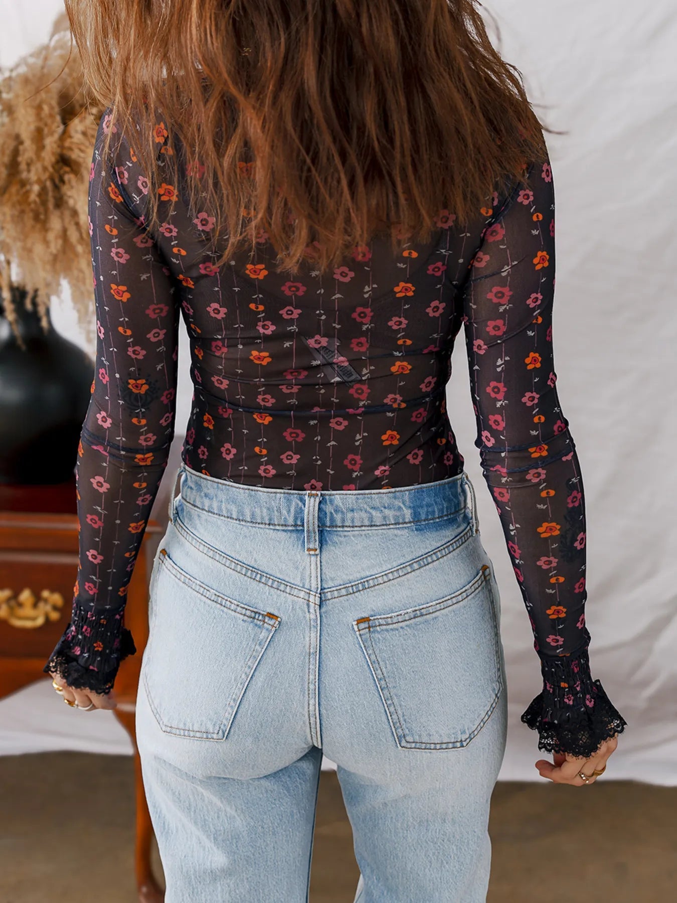 Floral Print Smocked Cuff Slim Fit Mesh Bodysuit - Crowned Energy CO.