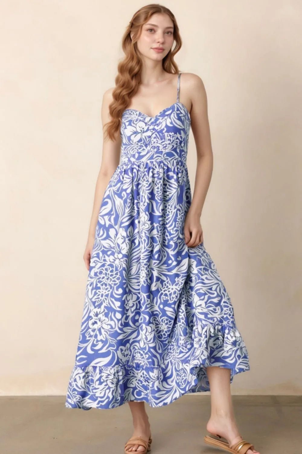Crowned Energy CO. Dusty Blue / S Trendsi Dresses Floral Print Spaghetti Strap High Waist Dress