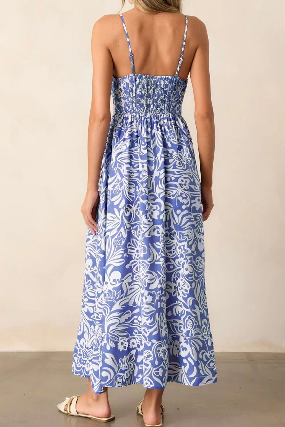 Crowned Energy CO. Dusty Blue / S Trendsi Dresses Floral Print Spaghetti Strap High Waist Dress