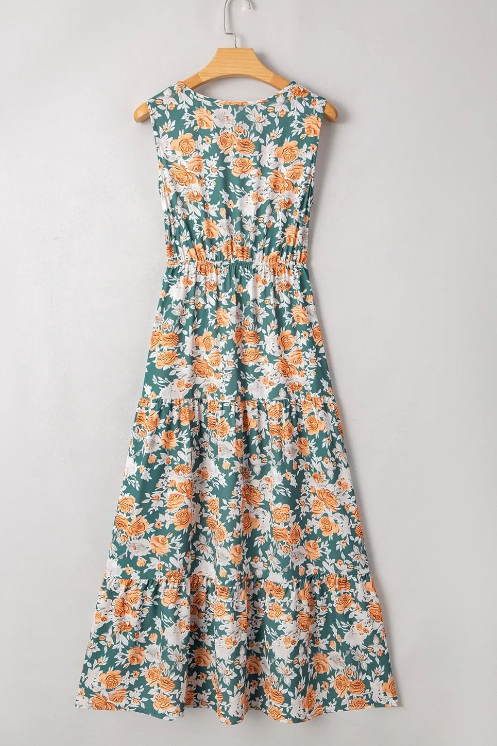 Crowned Energy CO. Floral / S Trendsi Dresses Floral Print Trimmed V Neck Tie Waist Sleeveless Dress