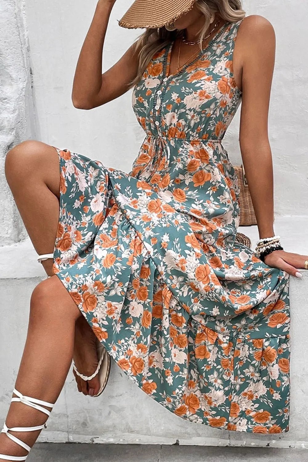 Crowned Energy CO. Floral / S Trendsi Dresses Floral Print Trimmed V Neck Tie Waist Sleeveless Dress