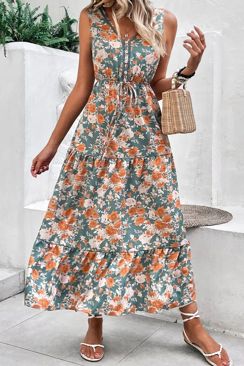 Crowned Energy CO. Floral / S Trendsi Dresses Floral Print Trimmed V Neck Tie Waist Sleeveless Dress