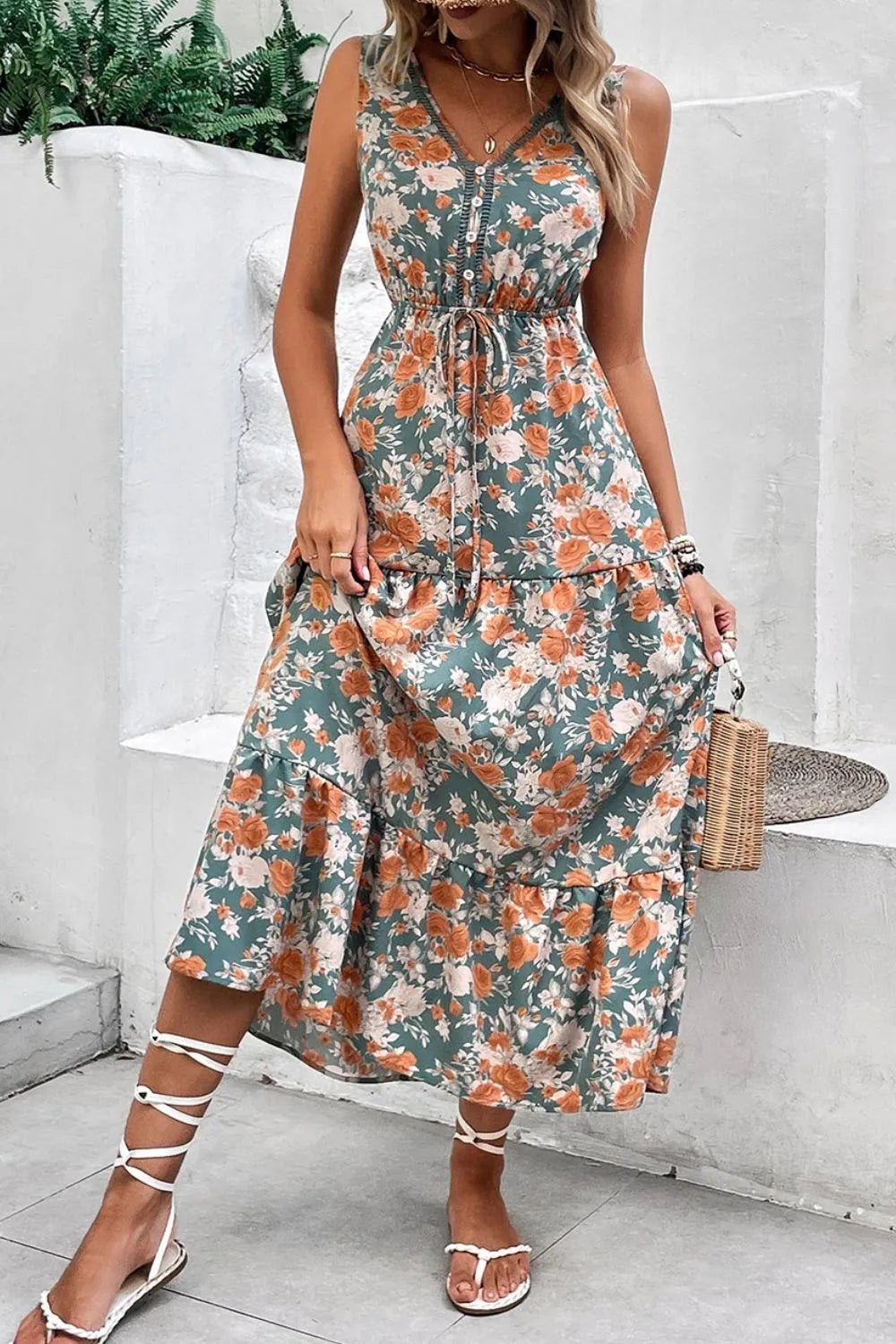 Crowned Energy CO. Floral / S Trendsi Dresses Floral Print Trimmed V Neck Tie Waist Sleeveless Dress