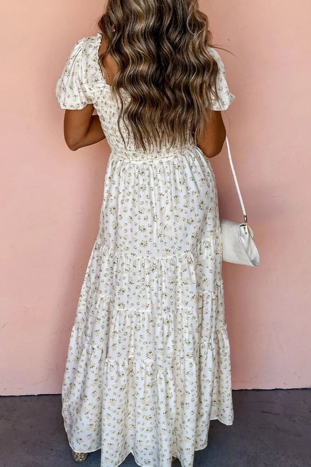 Floral Smocked Short Puff Sleeve Maxi Dress - Crowned Energy CO.