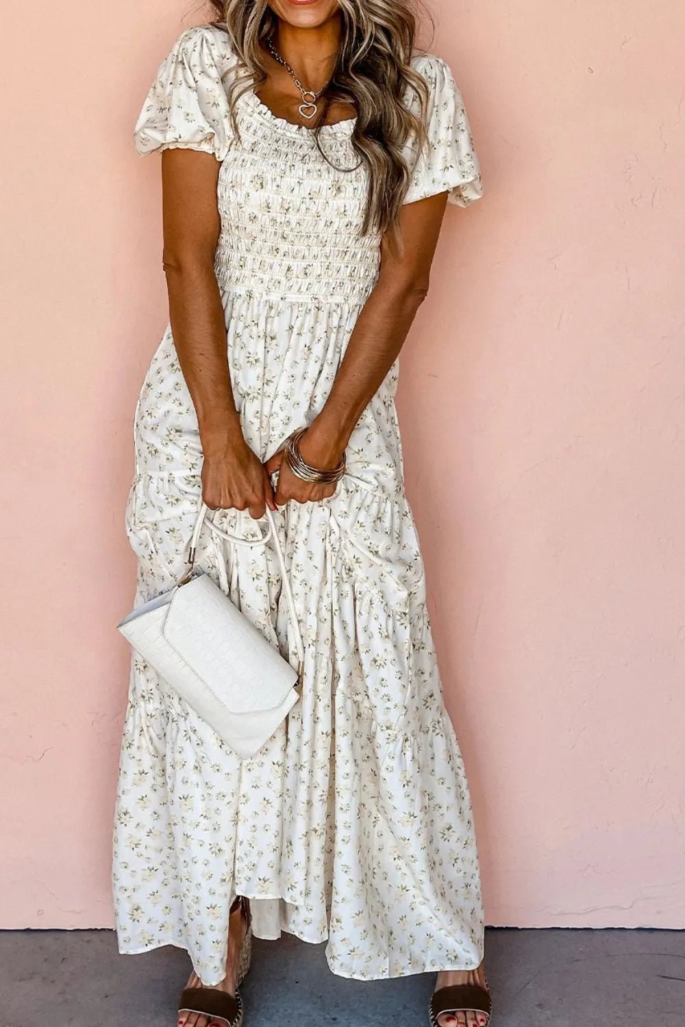 Floral Smocked Short Puff Sleeve Maxi Dress - Crowned Energy CO.