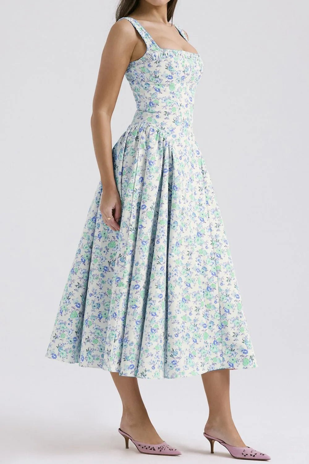 Floral Square Neck Wide Strap Midi Dress - Crowned Energy CO.