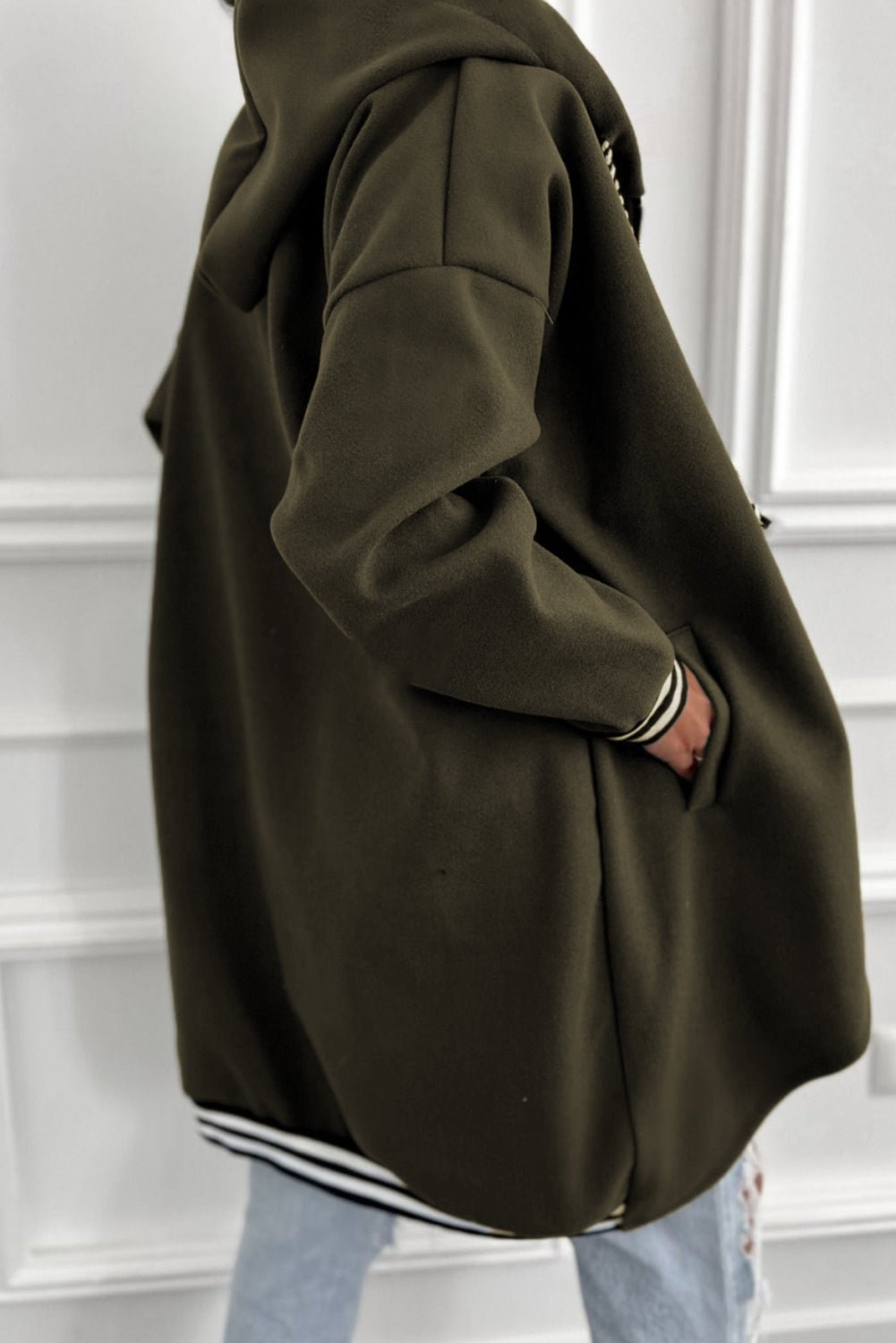 Four Leaf Clover Contrast Cuffed Drop Shoulder Zip up Tunic Hoodie - Crowned Energy CO.