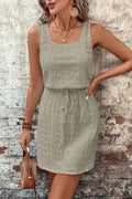 Four Leaf Clover Eyelet Textured Square Neck Drawstring Mini Dress - Crowned Energy CO.