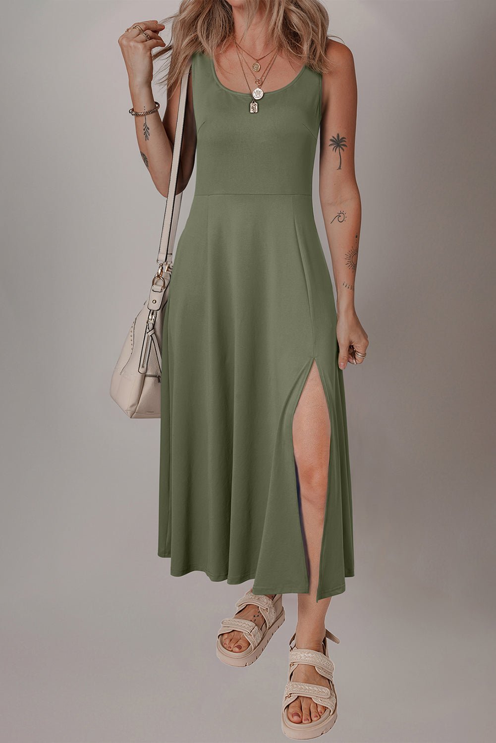 Four Leaf Clover Sleeveless Scoop Neck Flared Split Midi Dress - Crowned Energy CO.