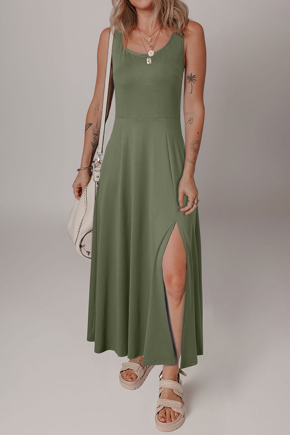 Four Leaf Clover Sleeveless Scoop Neck Flared Split Midi Dress - Crowned Energy CO.