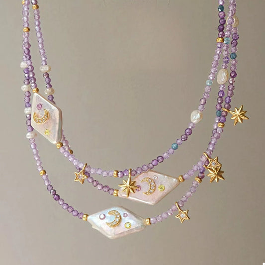 Crowned Energy CO. Lavender / One Size Trendsi Accessories Freshwater Pearl Star Moon Beaded Necklace