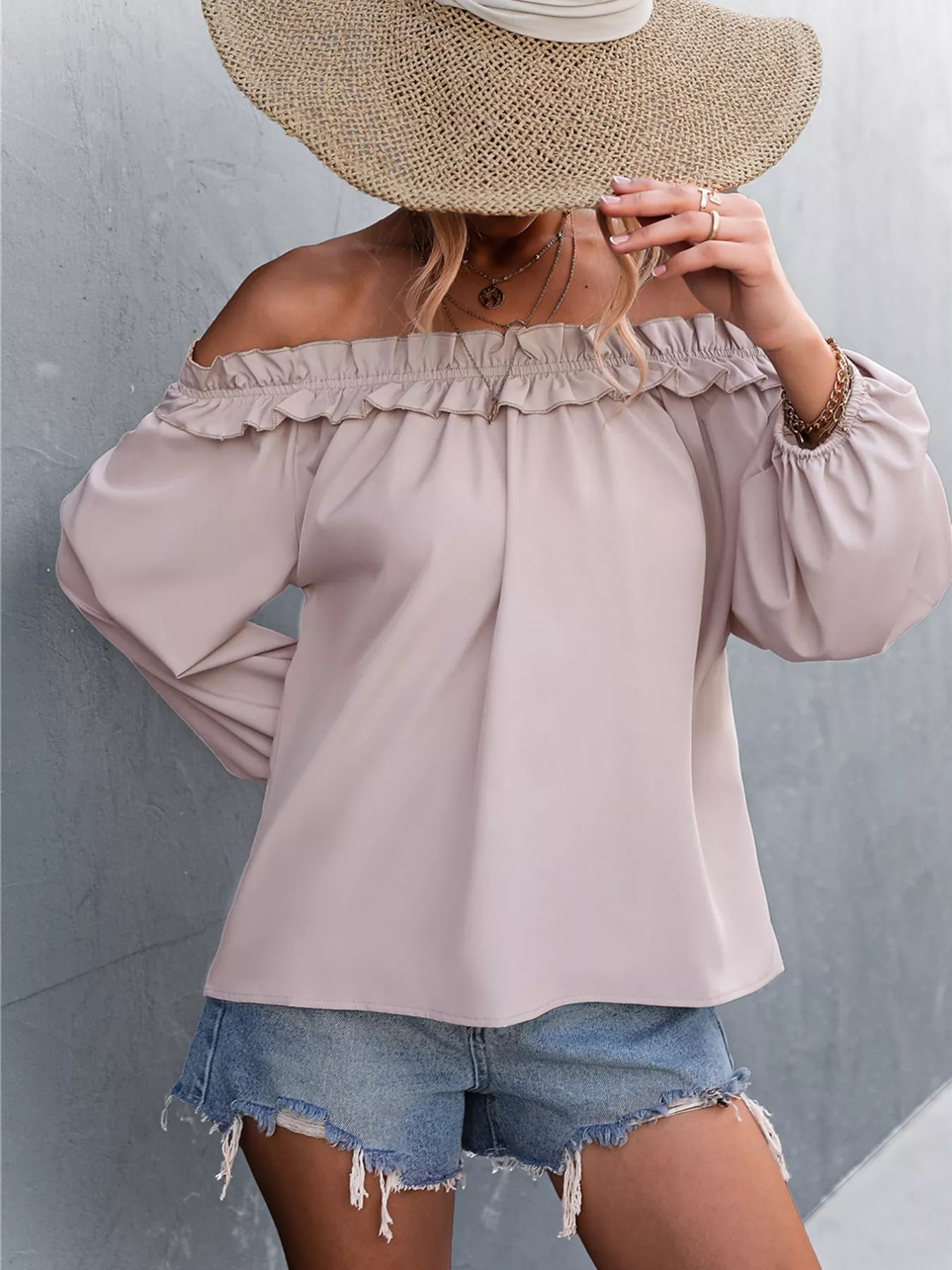 Crowned Energy CO. Dusty Pink / S Trendsi Shirt Frill Off-Shoulder Long Sleeve Blouse